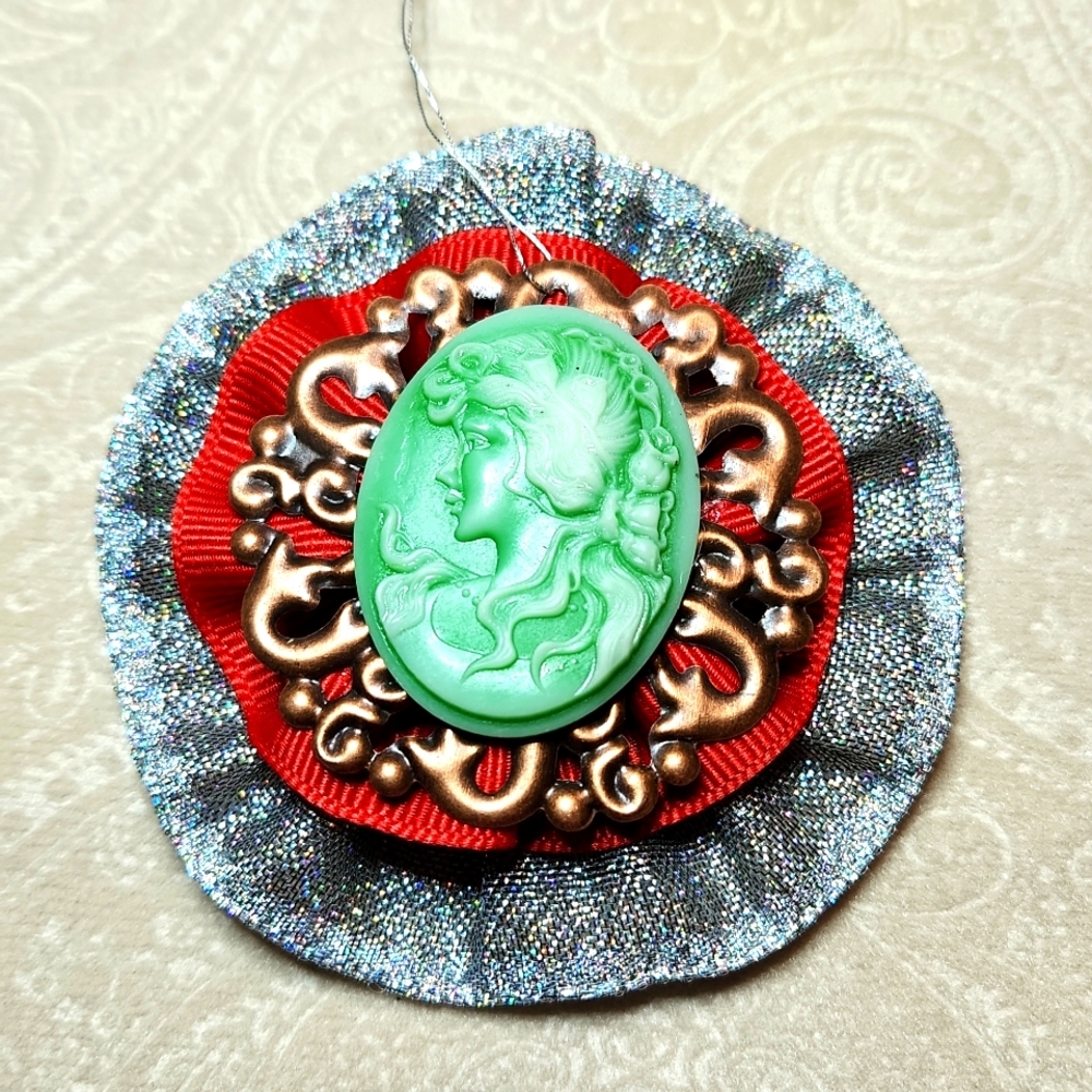 NEW! Green lady Christmas cameo ornament, handmade. OOAK